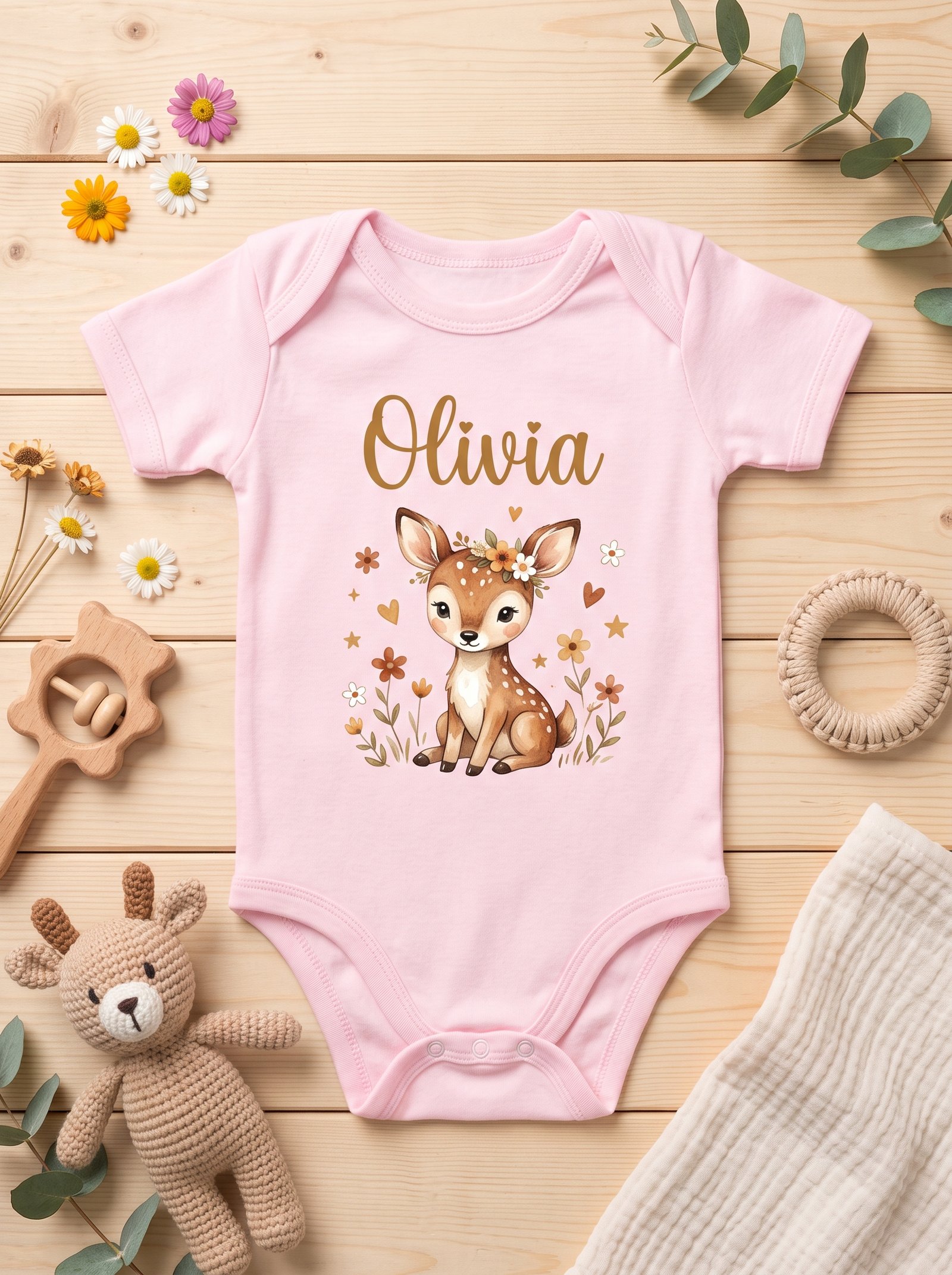 Roze baby rompertje met de naam Olivia in goudkleurige letters en een hertje met bloemenkrans