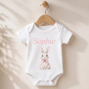 Wit baby rompertje met de naam Noah bedrukt in paars lettertype, newborn kraamcadeau