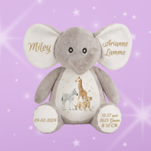 Personalised elephant newborn cuddle toy with name and birth details