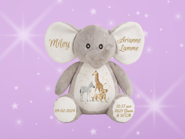 Personalised elephant newborn cuddle toy with name and birth details