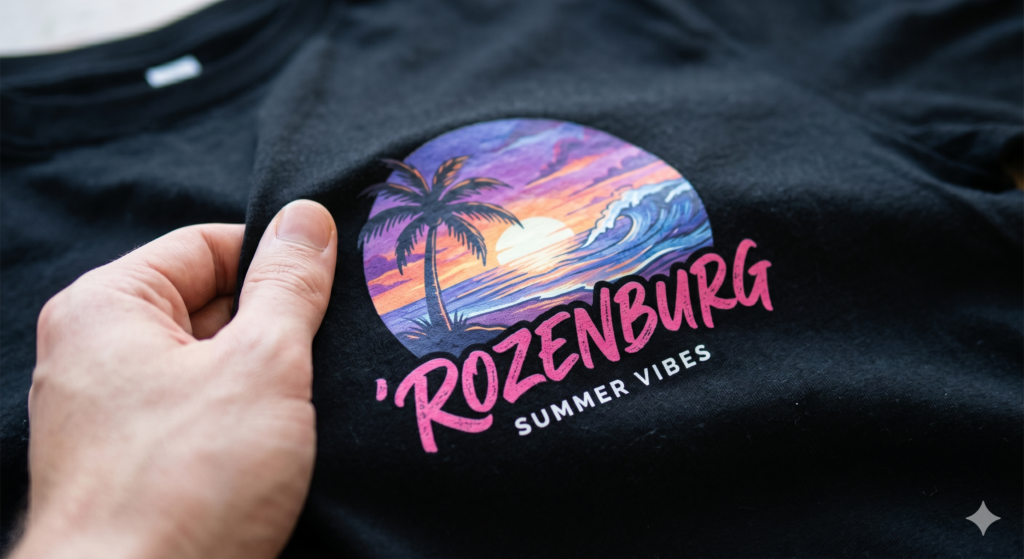 Close-up van een zwarte stof met een kleurrijke DTF print 'Rozenburg Summer Vibes' van JustBecky.