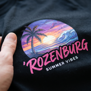 Close-up van een zwarte stof met een kleurrijke DTF print 'Rozenburg Summer Vibes' van JustBecky.