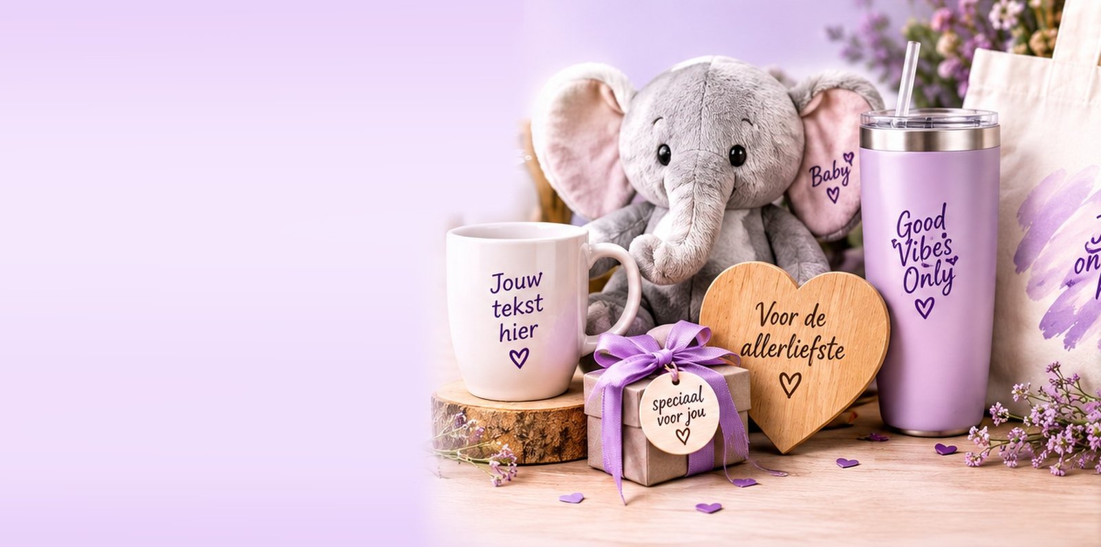 Gepersonaliseerde cadeaus: knuffel, mok, tumbler, houten hart en cadeaudoosje