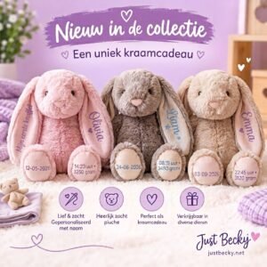 Knuffelkonijn met naam op het oor, geboortedatum, tijd en gewicht op de voetjes
