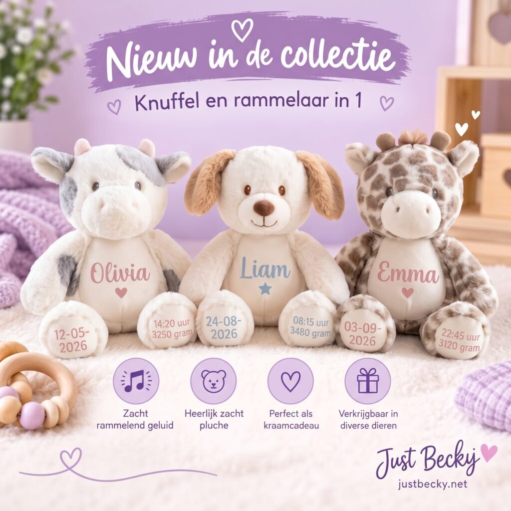 Newborn cuddle toy and rattle with name, date of birth, time and weight