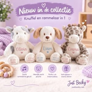 Newborn cuddle toy and rattle with name, date of birth, time and weight